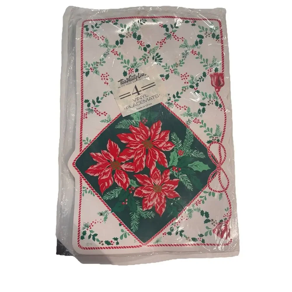 4 New Vintage Town & Country Vinyl Christmas Holiday Placemats Poinsetta 18x12